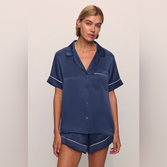 Eberjey Inez Washable Silk Short Pajamas XL Navy Champagne Loungewear FULL SET - Picture 1 of 13